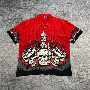 Vintage Y2K Dragonfly Button Up Shirt Mens XL Black Red Grunge Skull Flames